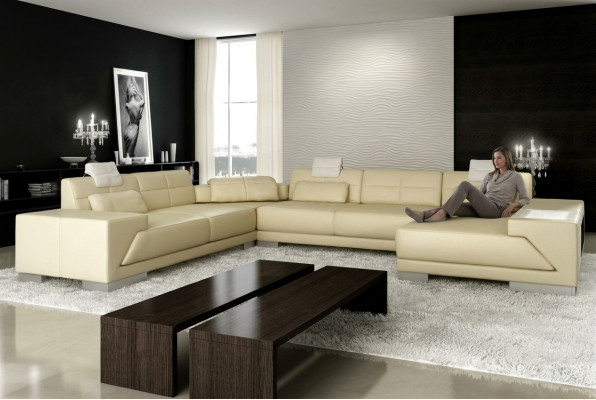 Ledercouch mat USB Sofa Polster Eck Wunnlandschaft Ecksofa Design Lieder Nei LED