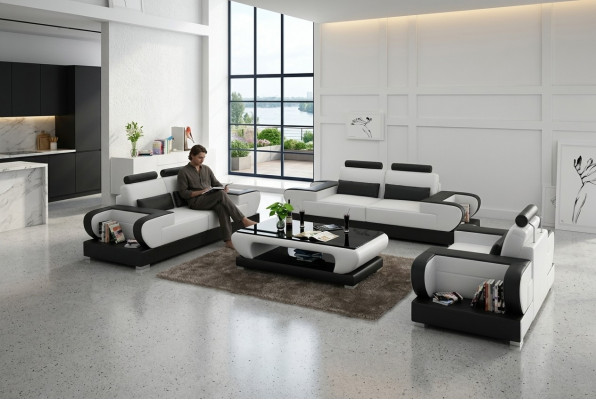 Ledercouch Couch Wunnlandschaft 3+2+1 Sëtzer Garnitur Design Modern Sofa mat USB