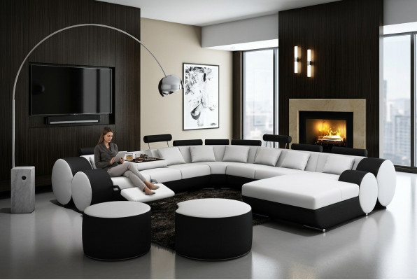 Designer-Leder-Sofa + USB Grouss Wunnlandschaft Sofa Couch Polster Garnitur Eckssofa