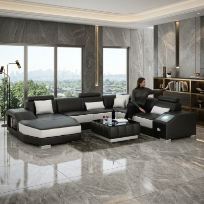 Wunnlandschaft Eckcanapé mat USB Ledercanapé Sofa Couch Polster Sëtz Eck Garnitur!
