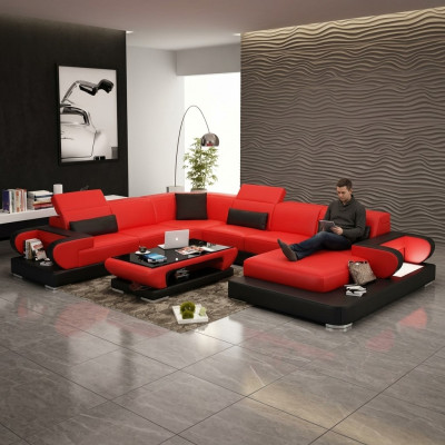 Sofa Eckcouch Couch Funktiounssofa + USB U Form Kënschtlecher Lieder Beige Schloffunktion