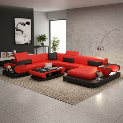 Sofa Eckcouch Couch Funktiounssofa + USB U Form Kënschtlecher Lieder Beige Schloffunktion