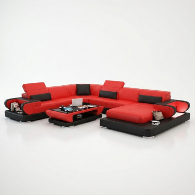 Sofa Eckcouch Couch Funktiounssofa + USB U Form Kënschtlecher Lieder Beige Schloffunktion