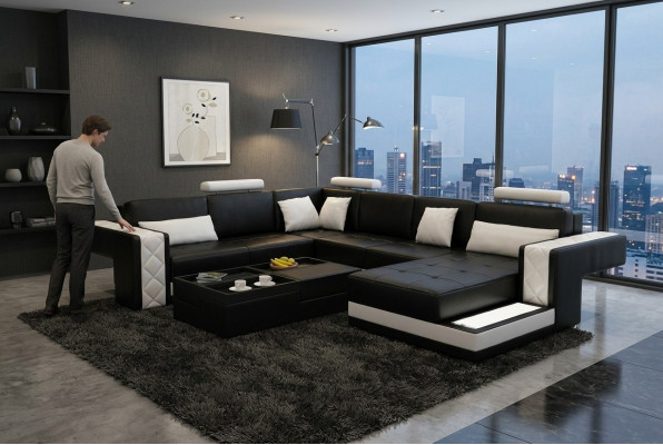 Design Liederzofa Eckzofa Eckcouch Polster Zofa Eck USB + LED Wunnlandschaft