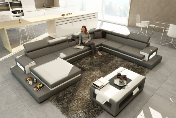 Ledersofa mat USB, Sofa Ecksofa U Form Canapé Wunnlandschaft Designer Sëtz Eck
