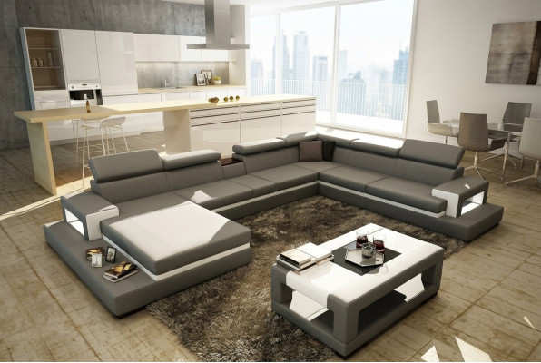 Ledersofa mat USB, Sofa Ecksofa U Form Canapé Wunnlandschaft Designer Sëtz Eck