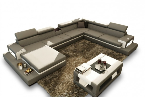 Ledersofa mat USB, Sofa Ecksofa U Form Canapé Wunnlandschaft Designer Sëtz Eck