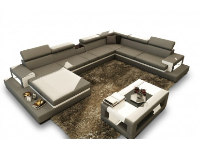 Ledersofa mat USB, Sofa Ecksofa U Form Canapé Wunnlandschaft Designer Sëtz Eck