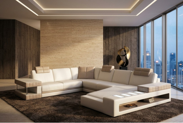 Ecksofa mat LED & USB Wunnlandschaft Sofa Polster Couch Garnitur U Form Lieder