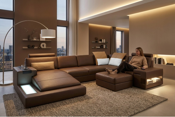 Ledercouch LED + USB Eckcouch Sofa Couch Polster Bellini Grouss Wunnlandschaft Sofaen