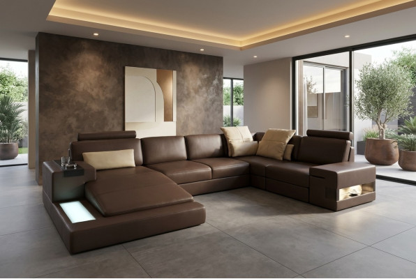 Ledercouch LED + USB Eckcouch Sofa Couch Polster Bellini Grouss Wunnlandschaft Sofaen
