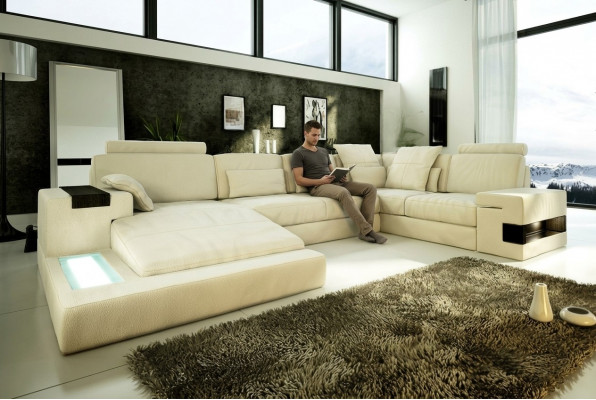Ledersofa USB Design Sofa U Form Wunnlandschaft Canapé Polster Ecksofa Nei LED