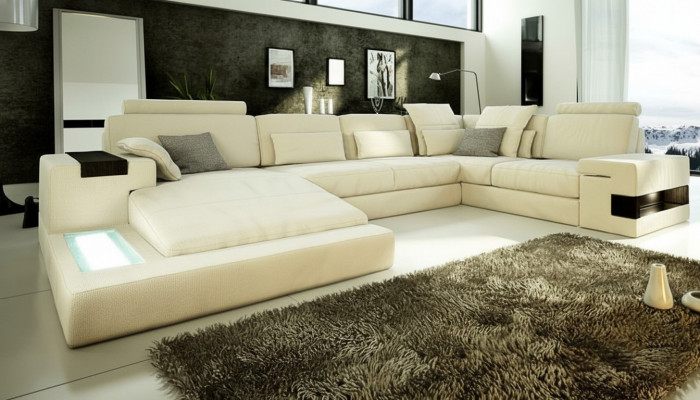 Ledersofa USB Design Sofa U Form Wunnlandschaft Canapé Polster Ecksofa Nei LED