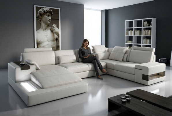 Design Ledersofa Sofa Canapé Polstersëtzkombinatioun XXL Grouss Ecksofa Eck mat USB