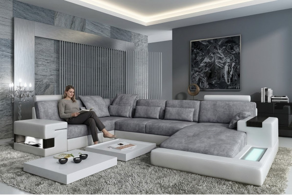 Textil Sofa USB Polster Eckcouch Garnitur Wunnlandschaft Ledersofa Design Canapé