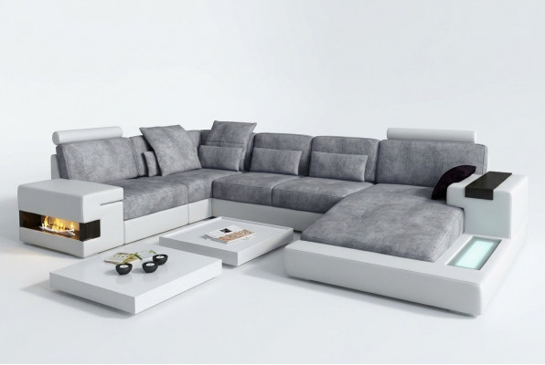 Textil Sofa USB Polster Eckcouch Garnitur Wunnlandschaft Ledersofa Design Canapé