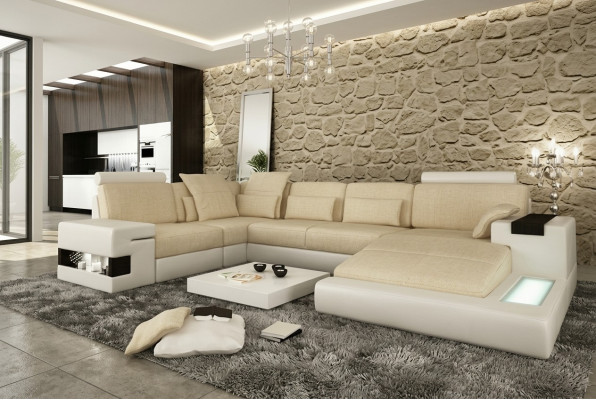 Grouss Sofa Wunnlandschaft Ledersofa Polstersëtz Ecke Couch Garnitur Sofas mat USB