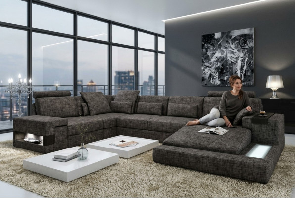 Ecksofa Liederdivan Sofa USB Polster Garnitur Form XXL Grouss Sofas Wunnlandschaft