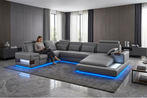 Grouss Sofa Wunnlandschaft Ledersofa mat USB Design Sofa Couch Polster Ecksofa