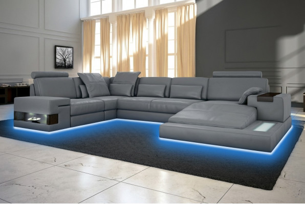 Grouss Sofa Wunnlandschaft Ledersofa mat USB Design Sofa Couch Polster Ecksofa