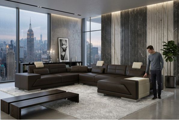 Wunnzëmmer U-Form Eckcanapé mat USB Design Sofa Cauch Polster Garnitur Eck Braun