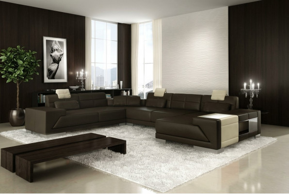 Wunnzëmmer U-Form Eckcanapé mat USB Design Sofa Cauch Polster Garnitur Eck Braun