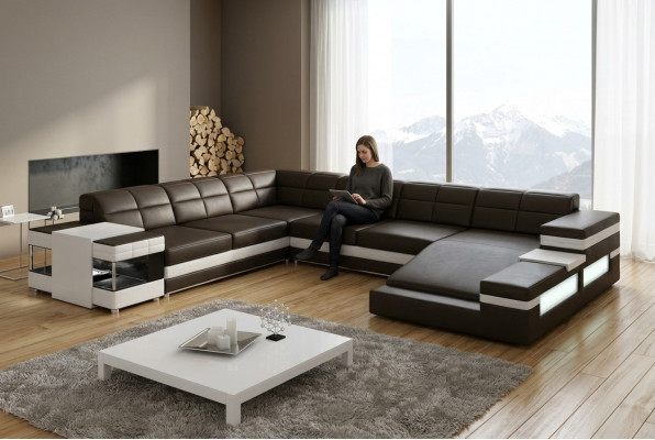 Ledersofa LED USB Sofa Couche Polster Eck Wohnlandschaft Canapé Eckleder Design Leder