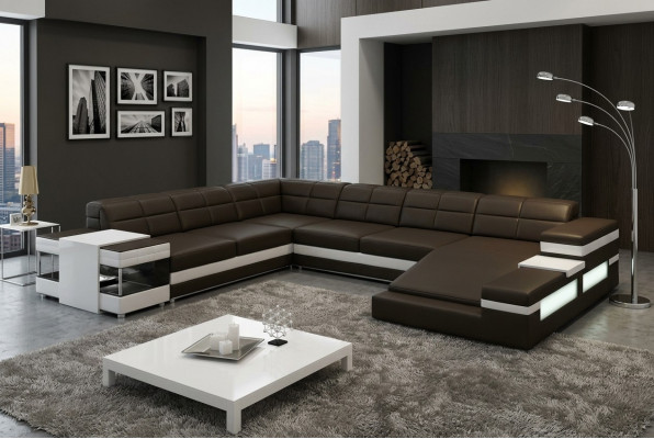 Ledersofa LED USB Sofa Couche Polster Eck Wohnlandschaft Canapé Eckleder Design Leder