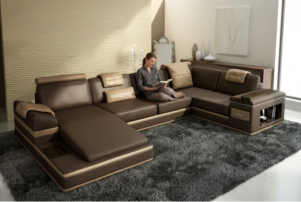 Ecksofa Sofa USB + LED Wunnlandschaft U Form Polstersofa Ledersofa Stoff Lieder.