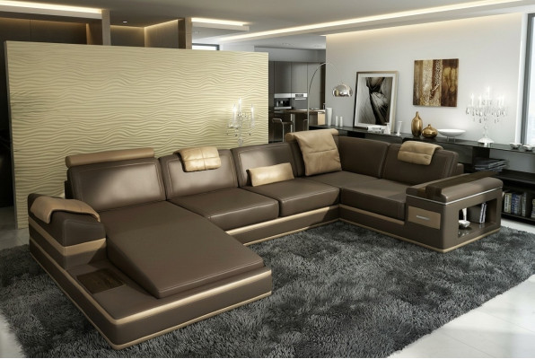 Ecksofa Sofa USB + LED Wunnlandschaft U Form Polstersofa Ledersofa Stoff Lieder.