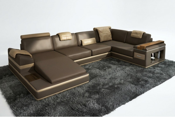 Ecksofa Sofa USB + LED Wunnlandschaft U Form Polstersofa Ledersofa Stoff Lieder.