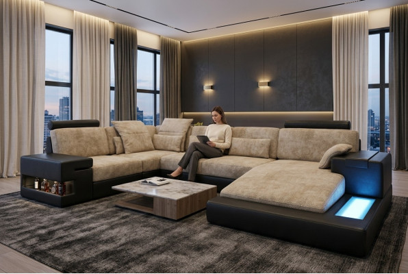 Eckcanapé Sofa Wunnlandschaft U-Form Polster Canapé Ledersofa Stoff Lieder USB + LED