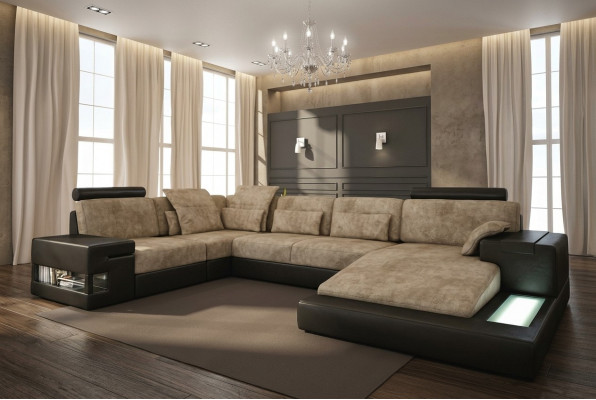 Eckcanapé Sofa Wunnlandschaft U-Form Polster Canapé Ledersofa Stoff Lieder USB + LED