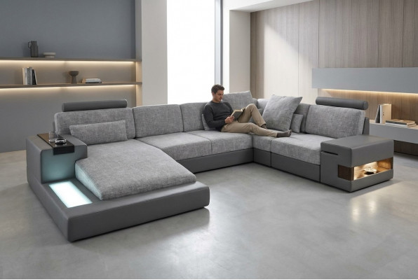 Wunnlandschaft Ecksofa a Form vun engem Lieder Sofa Couch Stëfter Sofa Stoff Lieder USB + LED