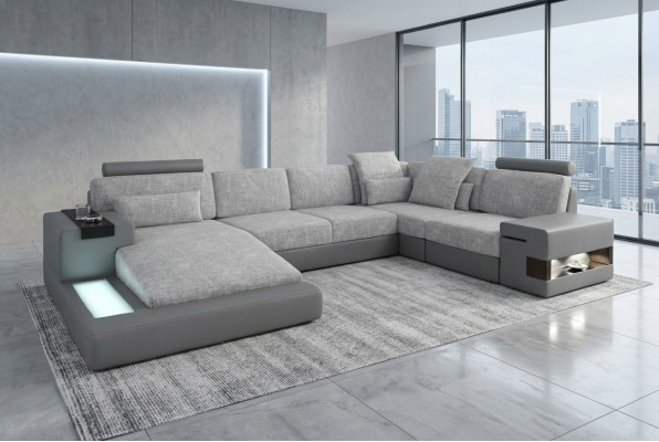Wunnlandschaft Ecksofa a Form vun engem Lieder Sofa Couch Stëfter Sofa Stoff Lieder USB + LED