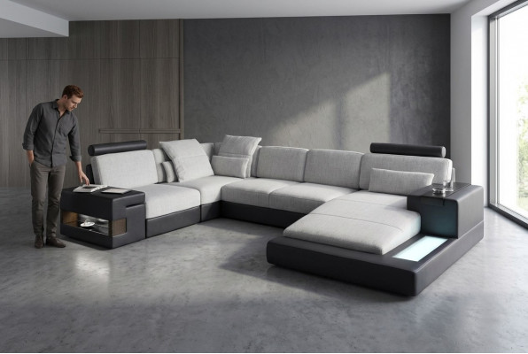 XXL Eckcouch Wunnlandschaft U-Form Ledercouch Sofa Polstersofa Textil Lieder USB