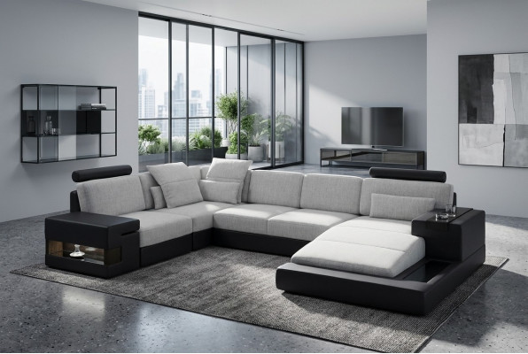 XXL Eckcouch Wunnlandschaft U-Form Ledercouch Sofa Polstersofa Textil Lieder USB