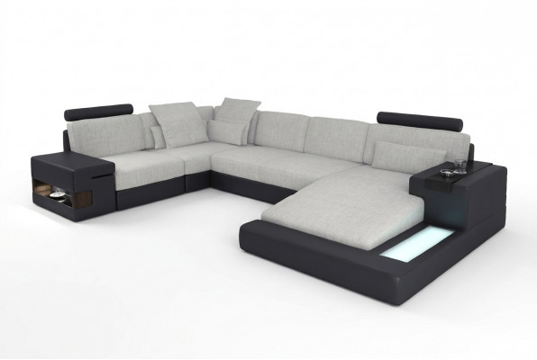 XXL Eckcouch Wunnlandschaft U-Form Ledercouch Sofa Polstersofa Textil Lieder USB