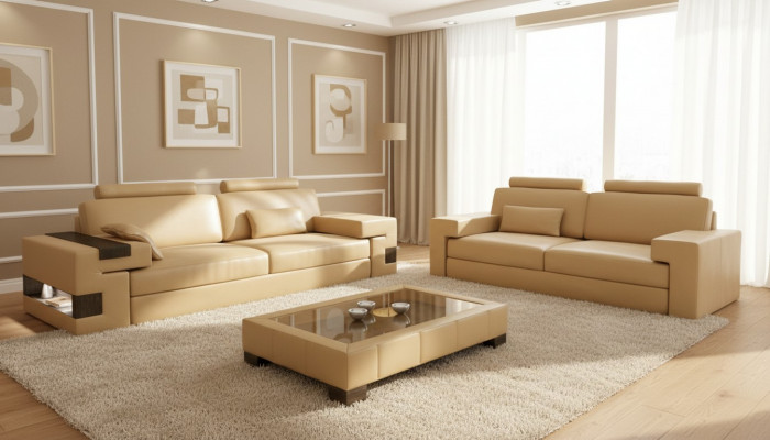 Ledersofa USB Modern Sofagarnitur 3+2+1 Couch Sëtz Këssen Sofa Garnitur Set