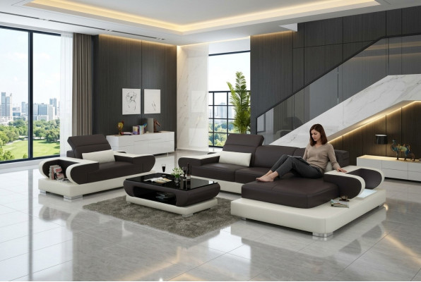 Design XXL Grouss Canapé Ecksofa mat USB Lieder-Sofa Couch Polster Eck Wunnlandschaft
