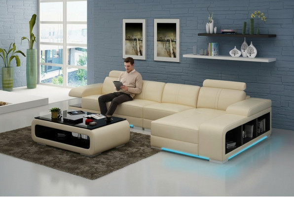 Modern L-fërmegt Ledersofa am schéine modernen Designerstil