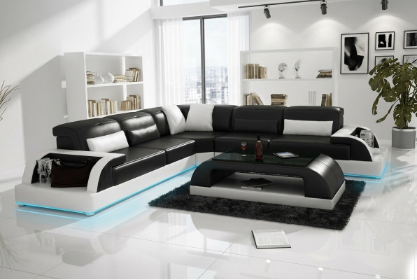 Ledercouch Ecksofa Couchlandschaft Eck Garnitur Design Modern Sofa USB Wäiss
