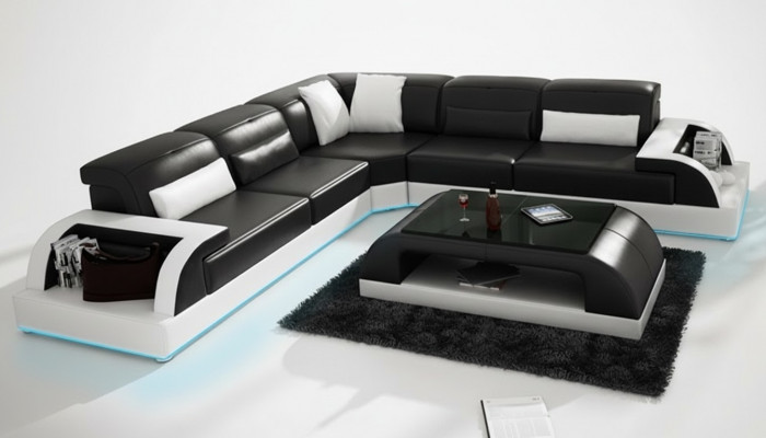 Ledercouch Ecksofa Couchlandschaft Eck Garnitur Design Modern Sofa USB Wäiss