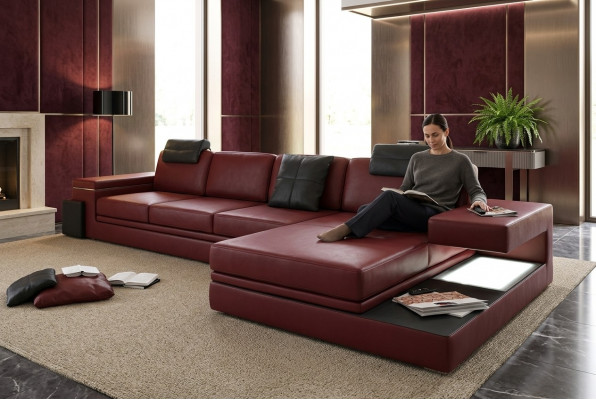 Rout Design Wunnzëmmer Couch Stoff Sofa Polster Eck Textil Garnitur LED + USB