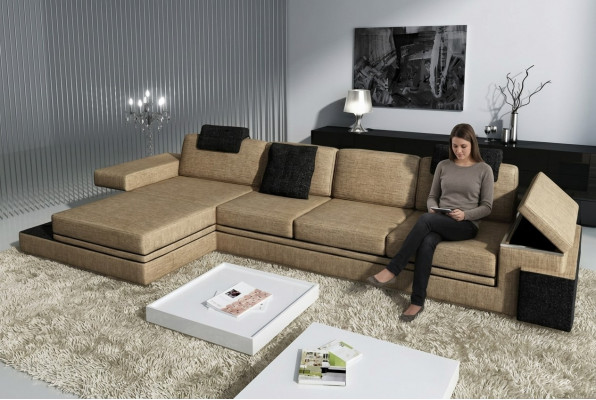 Moderne Wunnzëmmer Design Canapé Textil Stoff Sofa Polster Eck Garnitur LED + USB