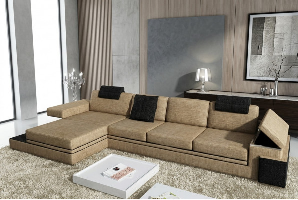 Moderne Wunnzëmmer Design Canapé Textil Stoff Sofa Polster Eck Garnitur LED + USB