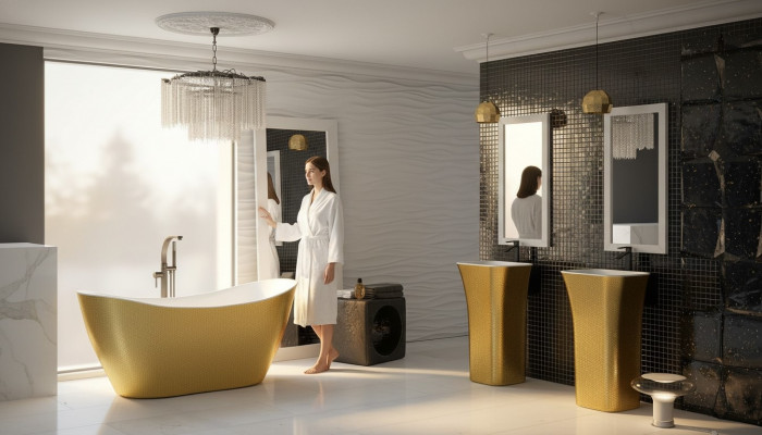 Gold Designer Buedbidden Fräistäiend Luxus Wanne a Gold Wannen