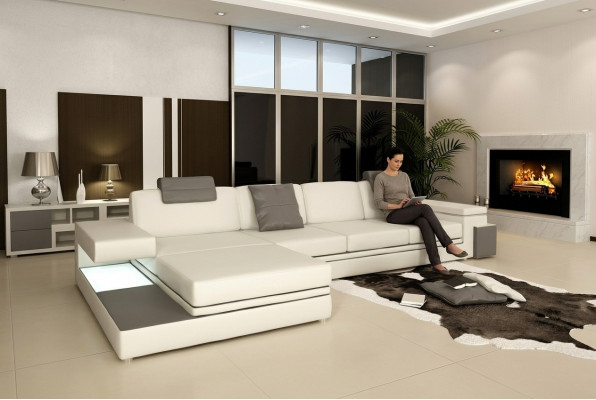 Design Ledersofa Sofa mat USB, Polstersëtzer Wunnlandschaft Eck Garnitur Eck Tachau