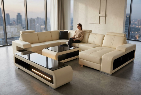 Modern Eckcouch Wunnlandschaft Canapé Dësch Sideboard Sofa USB Eckgarnitur 3tlg.