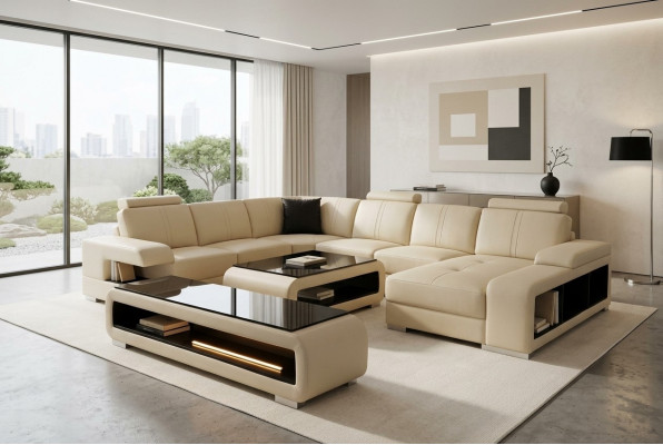 Modern Eckcouch Wunnlandschaft Canapé Dësch Sideboard Sofa USB Eckgarnitur 3tlg.